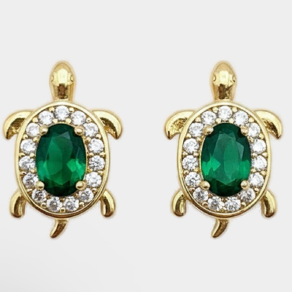 Jewelry - Simulated Emerald and Pave CZs Turtle Post Earrings 18K Gold Filled NIP